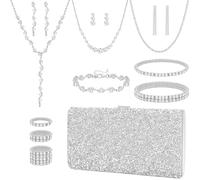 NEWITIN 13 Pieces Purse Rhinestone Jewelry Set for Women Prom Jewels Crystal Clutch Purse Necklaces Rings Bracelets Earrings Gold Jewelry Set for Women Bride, Adjustable, Metal, Cubic Zirconia