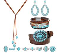 NEWITIN 13 Pieces Silver Bohemian Jewelry Set for Women Fashion Costume Jewels Turquoise Necklace Leather Belt Bracelet Ring Earrings Western Turquoise Jewelry Set for Women