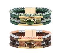 NEWITIN 2 Pieces Leather Wrap Bracelets for Women Leather Cuff Bangle Bracelets Boho Multi-Layer Bracelet Crystal Beads Bracelet for Women, Adjustable, Faux Leather, no gemstone