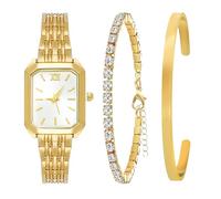 NEWITIN 3 Pieces Gold Watch and Bracelet Set for Women Fashion Steel Strap Wrist Watch Simple Square Wristwatch Diamond Bangle Bracelet for Women