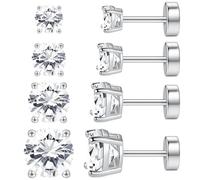 NEWITIN 4 Pairs Stainless Steel Stud Earrings for Men Hypoallergenic Flatback Earring Screw Back Silver Studs Cartilage Earring 3mm/4mm/5mm/6mm Cubic Zirconia Stud Earrings for Women Men, S, Metal