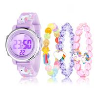 NEWITIN 4 Pieces Girls Watch Bracelets Set Multifunctional 7 Color Lights Digital Sport Alarm Stopwatch 3D Waterproof Unicorn Watch Jewelry Set for Girls 3-10 Years Old Kids, Purple