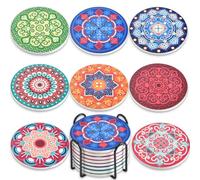 Newk Coasters for Drinks, Set of 8 Ceramic Absorbent with Metal Holder, Bright Colorful Mandala Patterns Coasters for Coffee Table, Great Housewarming Gifts