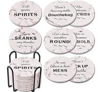 Newk Coasters for Drinks, Set of 8 Ceramic Absorbent Coasters with Metal Holder, Funny Quotes Coasters for Coffee Table, Great Housewarming Gifts