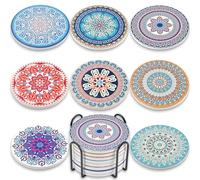 Newk Coasters for Drinks, Set of 8 Ceramic Absorbent with Metal Holder, Light Colorful Mandala Patterns Coasters for Coffee Table, Great Housewarming Gifts