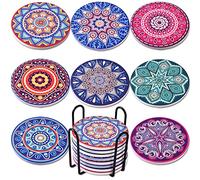 Newk Ceramic Absorbent Coasters - Set of 8 with Metal Holder, Mandala Design for Coffee Table, Perfect Housewarming Gift