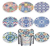 Newk Coasters for Drinks, Set of 8 Ceramic Absorbent with Metal Holder, Portuguese Pattern Coasters for Coffee Table, Great Housewarming Gifts