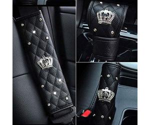 NewL Car Accessories Set: Leather Seat Belt Cover, Rhinestone Shoulder Pad, Crown Crystal Diamond Auto HandBrake Gear Covers, Universal Fit All Car