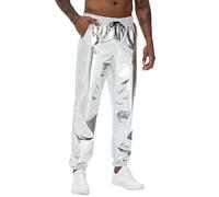 NewL Mens Metallic Shiny Rave Night Club Pants Comfort Sweatpants Disco Dance Party Elastic Trousers, X-Large, Solid Silver