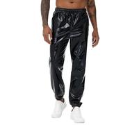 NewL Mens Metallic Shiny Rave Night Club Pants Comfort Sweatpants Disco Dance Party Elastic Trousers, Large, Solid Black