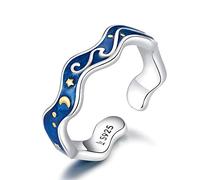 NewL Sterling Silver 925 Lover Rings for Couple Blue Starry Sky of Van Gogh Open Finger Ring Design Jewelry Accessories