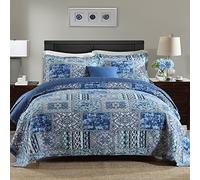NEWLAKE Cotton Bedspread Quilt Sets-Reversible Patchwork Coverlet Set, Blue Classic Bohemian Pattern,Queen Size