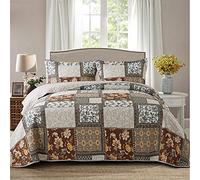 NEWLAKE Cotton Bedspread Quilt Sets-Reversible Patchwork Coverlet Set, Chic Floral Paisley Pattern, King Size
