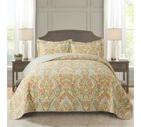NEWLAKE Cotton Bedspread Quilt Sets-Reversible Patchwork Coverlet Set, European Beige Floral Pattern, Queen Size