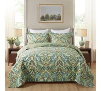 NEWLAKE Cotton Bedspread Quilt Sets-Reversible Patchwork Coverlet Set, European Green Floral Pattern, King Size