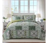 NEWLAKE Cotton Bedspread Quilt Sets-Reversible Patchwork Coverlet Set, Green Classic Bohemian Pattern,Queen Size