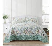NEWLAKE Cotton Bedspread Quilt Sets-Reversible Patchwork Coverlet Set, Green Classic Floral Pattern, California King Size