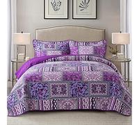 NEWLAKE Cotton Bedspread Quilt Sets-Reversible Patchwork Coverlet Set, Purple Classic Bohemian Pattern,Queen Size