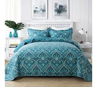 NEWLAKE Cotton Bedspread Quilt Sets-Reversible Patchwork Coverlet Set, Turquoise Classic Royal Pattern, Queen Size