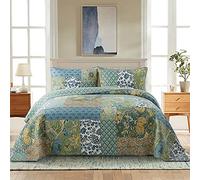 NEWLAKE Cotton Patchwork Bedspread, 3-Piece Bedding Quilt Set with Real Stitched Embroidery, Reversible Matelasse Bed Coverlet Set,Green Farmhouse Garden,Queen Size