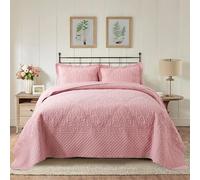 NEWLAKE Quilt Bedspread Set, Pink Jacquard Embossed Floral Pattern Reversible Embroidered Microfiber Coverlet Sets, Queen Size
