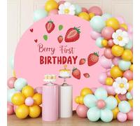 Newleafly 7.2FT Round Backdrop Cover Pink Arch Backdrop Cover and Berry First Birthday Decal Sign - Adjustable Spandex Circle Balloon Arch Cover for Birthday Party, Baby Shower, Wedding Decorations