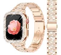 Newlibery Bling Watch Bands with Bling Case for Women Compatible with Apple Watch Band 41mm Elegant Dressy Jewelry Replacement Metal Link Wristband Protector Cover for iWatch Series 9/8/7 Rose Gold