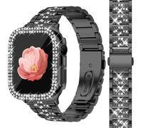 Newlibery Bling Watch Bands with Bling Case for Women Compatible with Apple Watch Band 45mm Elegant Dressy Jewelry Replacement Metal Link Wristband Protector Cover for iWatch Series 9/8/7 Black