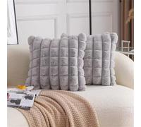 Newliky Cushion Covers 45 x 45 cm Fluffy Faux Rabbit Fur Cozy Velvet Backing Decorative Pillows Cases Luxury Big Checkered Soft Plush Throw Pillowcases for Sofa Couch Set of 2 Light Grey