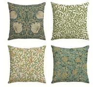 Newliky Green Willow Bough Leaf Print Cushion Cover 18x18 Inch Set of 4 William Morris Floral Branches Leaves Throw Pillows Farmhouse Linen Botanical Decorative Pillowcase for Sofa Chair Garden Patio