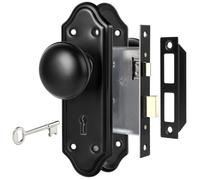 newliplace Mortise Lock Set for Interior Door, Vintage Black Door Knobs with Lock and Skeleton Key, Replacing Broken Antique Door Knobs Matte Black Finish, Curved Escutcheon Plates