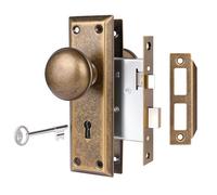 newliplace Mortise Lock Set for Interior Door, Vintage Door Knobs with Lock and Skeleton Key, Antique Brass Door Knobs for Old Style Doors