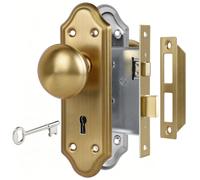 newliplace Mortise Lock Set for Interior Door, Vintage Door Knobs with Lock and Skeleton Key, Replacing Broken Antique Brass Door Knobs for Old Style Doors, Curved Escutcheon Plates