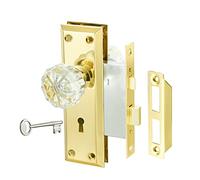 newliplace Mortise Lock Set with Crystal Glass Knob, Gold Antique Door Knobs with Lock and Key, Fit Interior Door, Polished Brass Finish