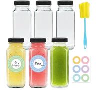 NEWMIAO 6 pack 8 oz Glass Juice Bottles with Lids, 250 ml Reusable Glass Water Bottles, Empty Drink Containers Drinking Jars with Brush, for Milk, Juicing, Kombucha, Ginger