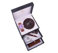 NEWNAN Business Watch Gift Set Men's Gift Father Plot Three-Layer Box Belt Wallet Keychain Signature Pen (Color : White-Patch Five-Pointed star4)