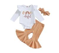 NewNewCome Baby Girls Birthday Outfits Rainbow Letter Print Long Sleeves Romper and Flared Pants Headband Fall Clothes (Khaki, 12-18 Months)