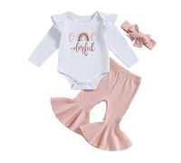 NewNewCome Baby Girls Birthday Outfits Rainbow Letter Print Long Sleeves Romper and Flared Pants Headband Fall Clothes (Pink, 12-18 Months)