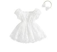 NewNewCome Baby Girls Rompers Dress Flower Embroidered Puff Sleeve Layered Tulle Skirt Hem Toddler Bodysuits with Headband (White, 6-12 Months)
