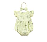 NewNewCome Baby Romper with Hairband, Kids Floral Print Round Neck Fly Sleeve Bodysuit+ Headband for Summer, Blue/Yellow, 0-24 Months (Yellow, 6-12 Months)