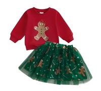 NewNewCome Toddler Christmas Dress Baby Girl Christmas Outfit Long Sleeve Gingerbread Sweatshirt Tulle Skirt Set (A Red, 18-24 Months)