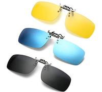NEWON 3 PACK, Clip on Flip up Polarized Lens For Prescription Glasses, UV Protection Sunglasses Over RX Eyeglasses, Darkgray+bluemirror+yellow, M