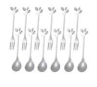 NEWOTE 12 Pieces Stainless Steel Leaf Shape Mini Dessert Spoons Forks Set, 4.7'' Home Kitchen Tableware Demitasse Espresso Coffee Cake Mixing Stir Ice Cream Fruit Teaspoon Fork
