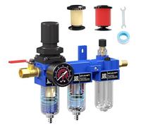 NEWPO 1/4'' NPT Compressed Air Filter Regulator Lubricator Combo with Pressure Gauge,Brass Filter and Coalescing Filter,Semi-Auto Drain, Metal Bracket-Blue