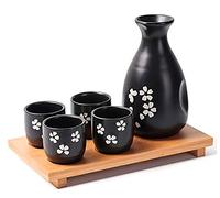 NEWQZ Japanese Sake Set Traditional Cherry Blossom 1 Bottle and 4 Cups with Bamboo Tray Sake Serving Set, Black