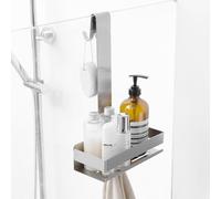 NEWRAIN Shower Caddy Hanging, Over Door Stainless Steel Shower Shelf, No Drilling Bathroom Storage for Glass Door with Hooks, Brushed Nickel