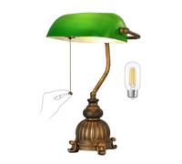 Newrays Green Glass Bankers Desk Lamp for Home Office,Library with Pull Chain Switch Plug in Fixture, LED Bulb Included
