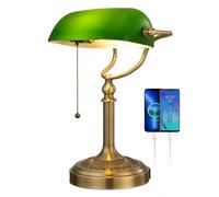 Newrays Green Glass Bankers Desk Lamp with Pull Chain Switch Plug in Fixture,USB Fast Charging Port