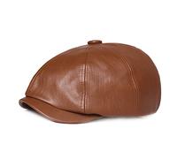 Newsboy Cap for Men Women 8 Panel Ivy Beret PU Leather Baker Hat Cabbie Cap Brown