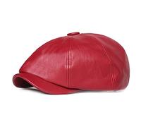 Newsboy Cap for Men Women 8 Panel Ivy Beret PU Leather Baker Hat Cabbie Cap Red
